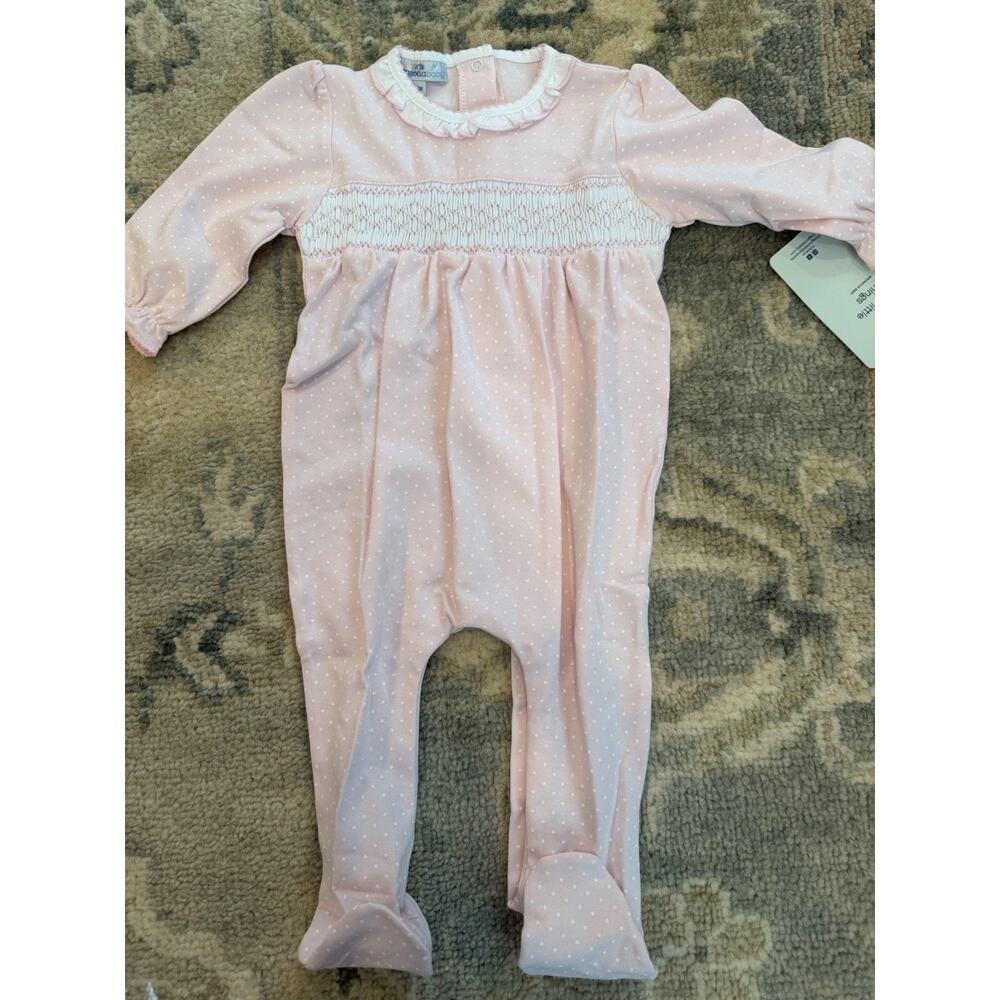 Magnolia Baby Polka Dot Smocked Pima Cotton Footie Pink Sz 12 Months NWT